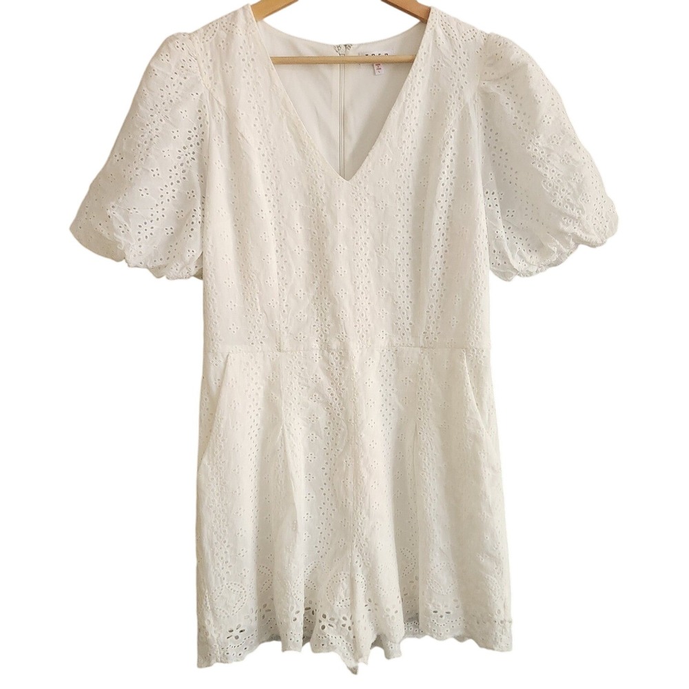 TCEC White Eyelet Puff Sleeve V Neck Romper Jumpsuit‎ Women's Size L
